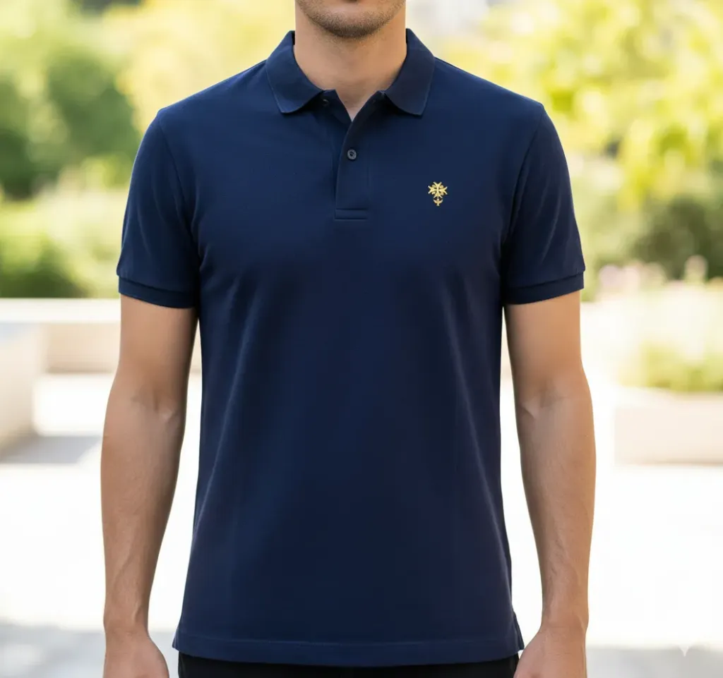 Polo bleu, broderie dorée (S)